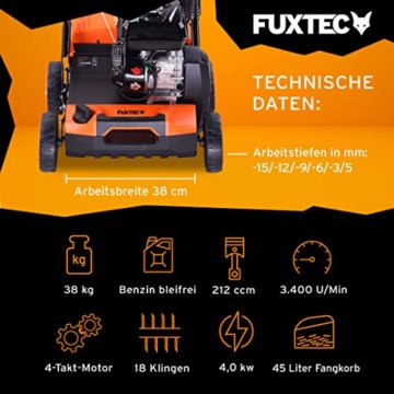 FUXTEC 3in1 Benzin Vertikutierer BV140 (4 kW, 212ccm, 40 cm Arbeitsbreite, 45 l Fangsack, empfohlen für noch gesünderen Rasen - 3